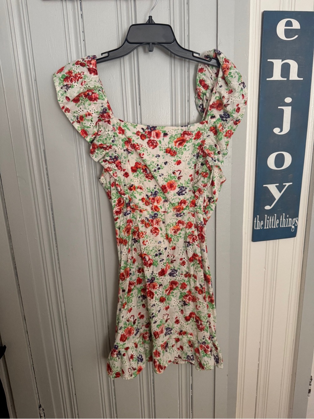 Blue Rain Floral Ruffled Mini Dress in Cream, Red, Green